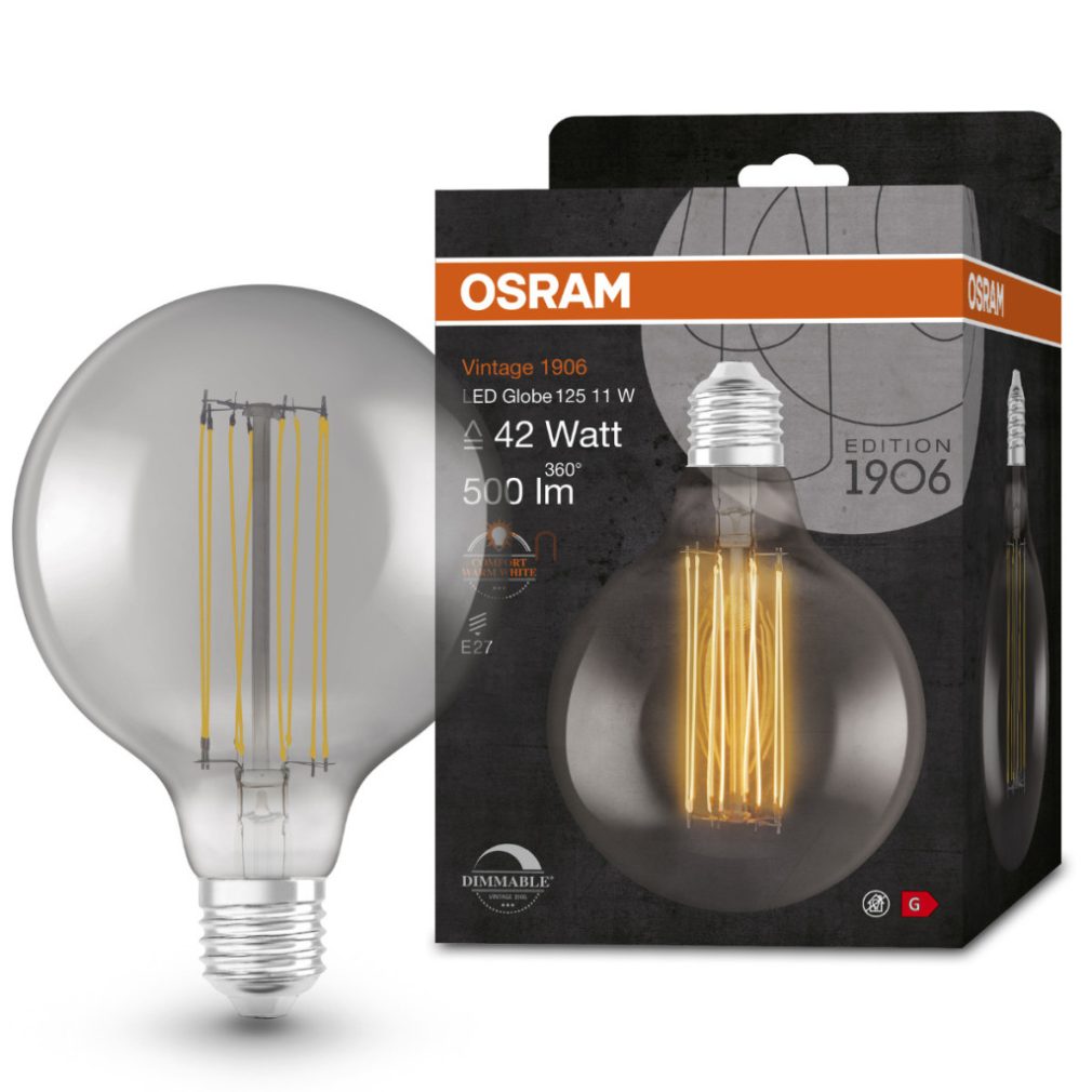 Osram E27 LED 11W, 500 lm, 1800 K, lumina lumânării, reglabilă, sticlă fumurie - înlocuiește becul de 40 W - Vintage 1906 DIM Classic Globe125 Smoke filament