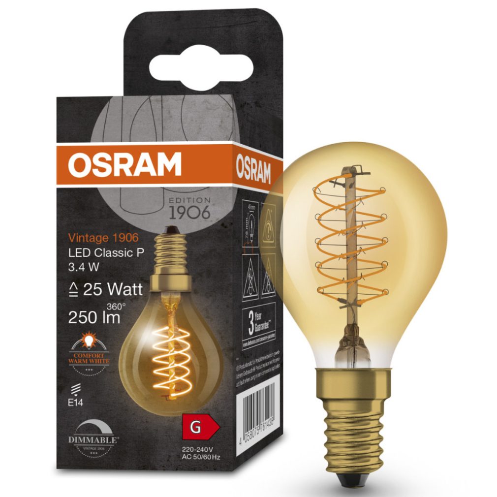 Osram E14 LED globule, 3,4W, 250 lm, 2200 K, lumina candlelight, dimmer, sticlă aurie în locul becului incandescent de 25 W - Vintage 1906 DIM Classic P Gold filament