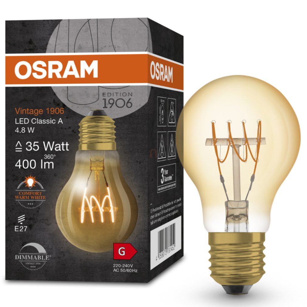 Osram E27 LED 4,8W, 400 lm, 2200 K, lumina de lumânare, reglabilă, sticlă aurie - înlocuiește becul de 35 W - Vintage 1906 DIM Classic A Gold filament