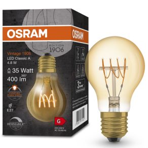   Osram E27 LED 4,8 W, 400 lm, 2200 K, lumină de lumânare, intensitate reglabilă, sticlă aurie - înlocuiește becul de 35 W - Vintage 1906 DIM Classic A Filament auriu