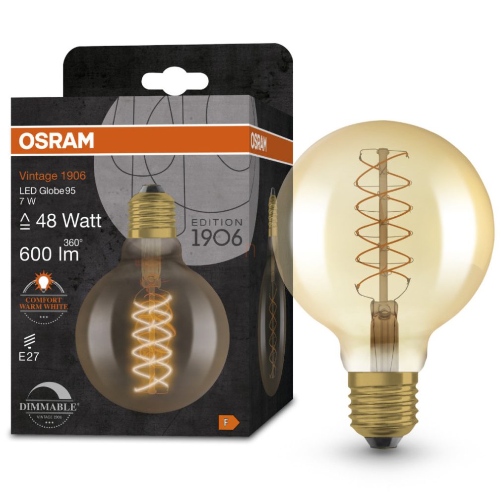 Osram E27 LED 7W, 600 lm, 2200 K, lumina de lumânare, reglabilă, sticlă aurie - înlocuiește becul de 50 W - Vintage 1906 DIM Classic Globe95 Gold filament