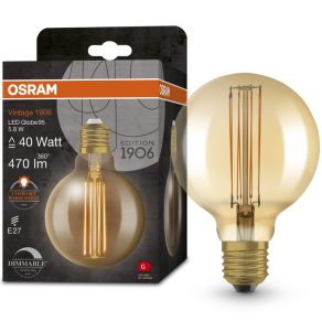   Osram E27 LED 5,8 W, 470 lm, 2200 K, lumină de lumânare, intensitate reglabilă, sticlă aurie - înlocuiește becul de 40 W - Vintage 1906 DIM Classic Globe95 Filament auriu