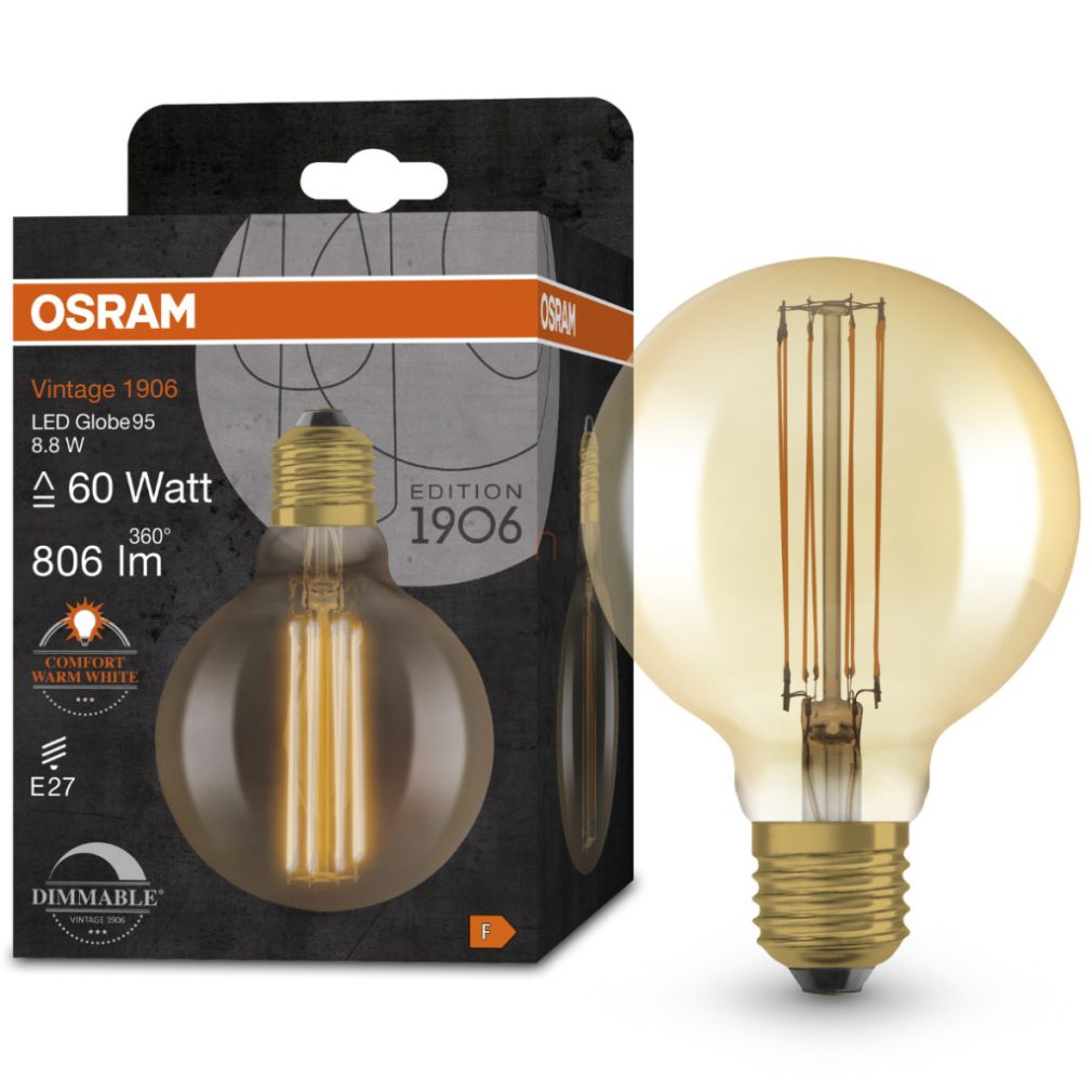 Osram E27 LED 8,8W, 806 lm, 2200 K, lumina de lumânare, reglabilă, sticlă aurie - înlocuiește becul de 60 W - Vintage 1906 DIM Classic Globe95 Gold filament
