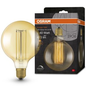   Osram E27 LED 5,8 W, 470 lm, 2200 K, lumină de lumânare, intensitate reglabilă, sticlă aurie - înlocuiește becul de 40 W - Vintage 1906 DIM Classic Globe125 Filament auriu