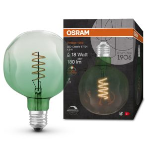   Osram E27 LED 4,5 W, 180 lm, 1600 K, lumină de lumânare, intensitate reglabilă, sticlă verde - înlocuiește becul de 15 W - Vintage 1906 DIM Classic ET124 Geen 18 DIM filament