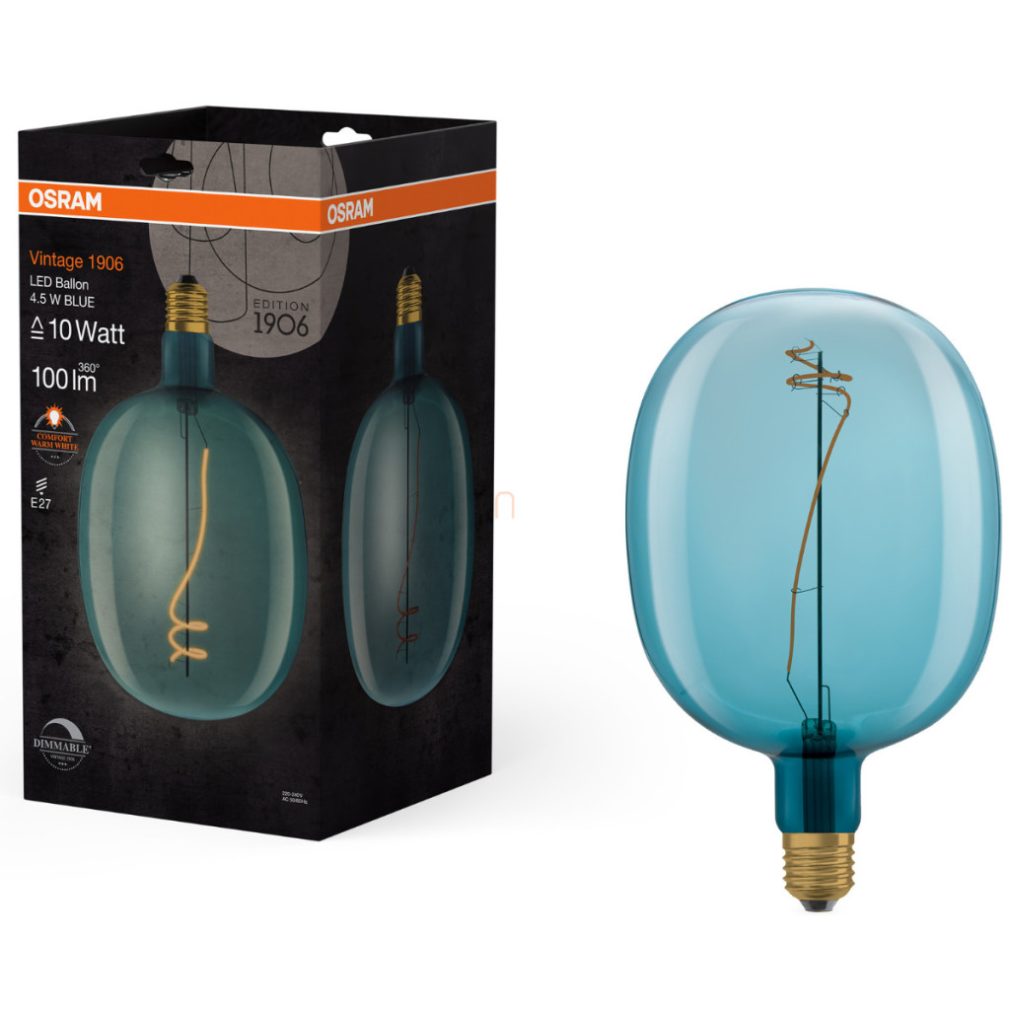 Osram E27 LED 4,5W, 100 lm, 1600 K, lumina de lumânare, cu intensitate reglabilă, sticlă albastră - înlocuiește becul de 10 W - Vintage 1906 DIM Classic Ballon Blue filament