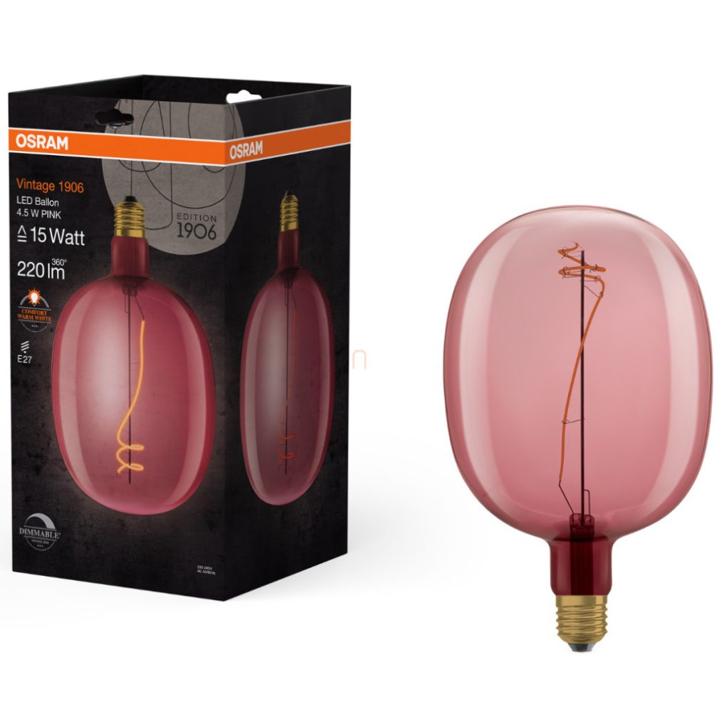 Osram E27 LED 4,5W, 220 lm, 1600 K, lumina de lumânare, cu intensitate reglabilă, sticlă roz - înlocuiește becul de 15 W - Vintage 1906 DIM Classic Ballon Pink filament