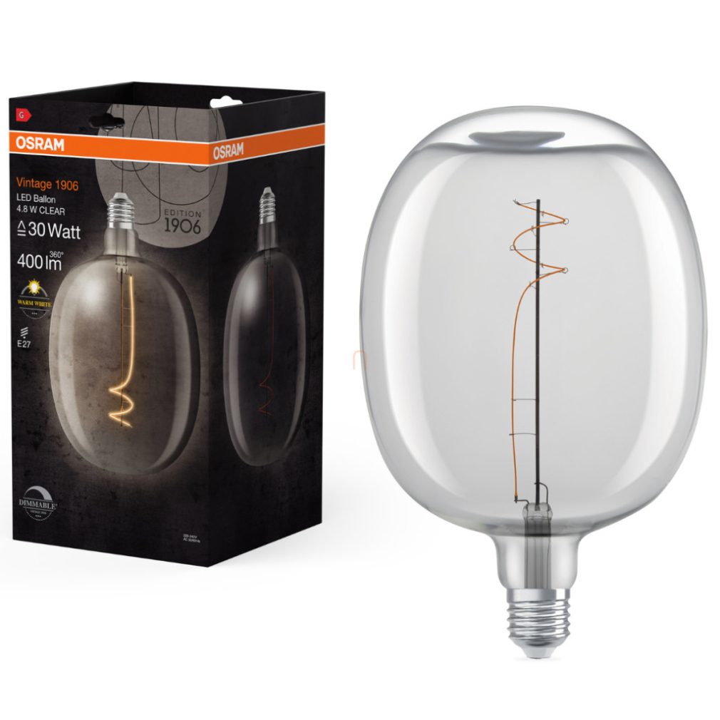 Osram E27 LED 4,8W, 400 lm, 2700 K, alb cald, dimabil, sticlă transparentă - înlocuiește becul de 30 W - Vintage 1906 DIM Classic Ballon filament