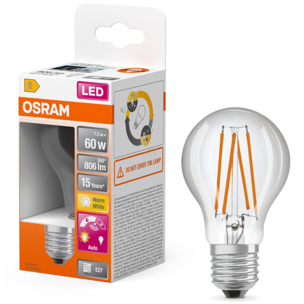 Osram E27 LED 7,3W, 806 lm, 2700 K, alb cald, sticlă transparentă - înlocuiește becul normal de 60 W, cu senzor de lumină - Star+ Classic A 60 filament