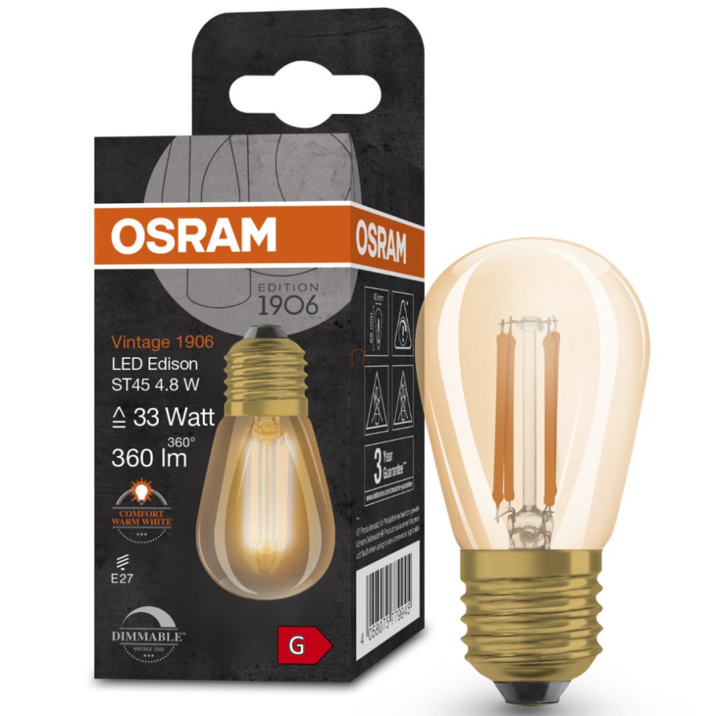 Osram E27 LED 4,8W, 360 lm, 2200 K, lumina candela, reglabil, sticlă aurie - înlocuiește becul de 30 W - Vintage 1906 DIM Classic Edison Gold filament