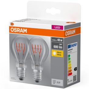   Osram E27 LED 5,9 W, 600 lm, 2700 K, alb cald, sticlă translucidă - înlocuiește un bec standard de 50 W, 2 bucăți - Soclu Classic A filament