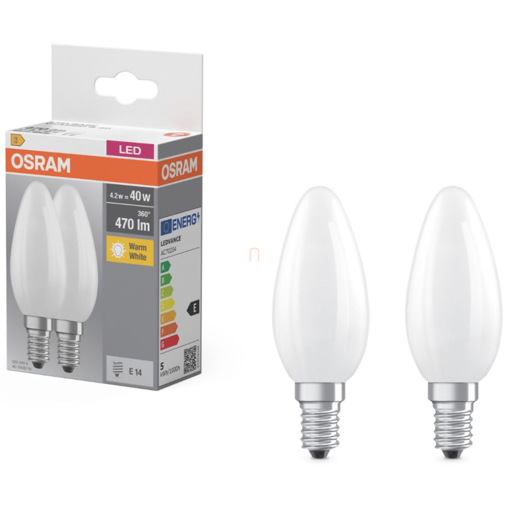 Osram E14 LED bec, 4,2 W, 470 lm, 2700 K, alb cald, sticlă opală - înlocuiește becul de 40 W, 2 bucăți - Base Classic B