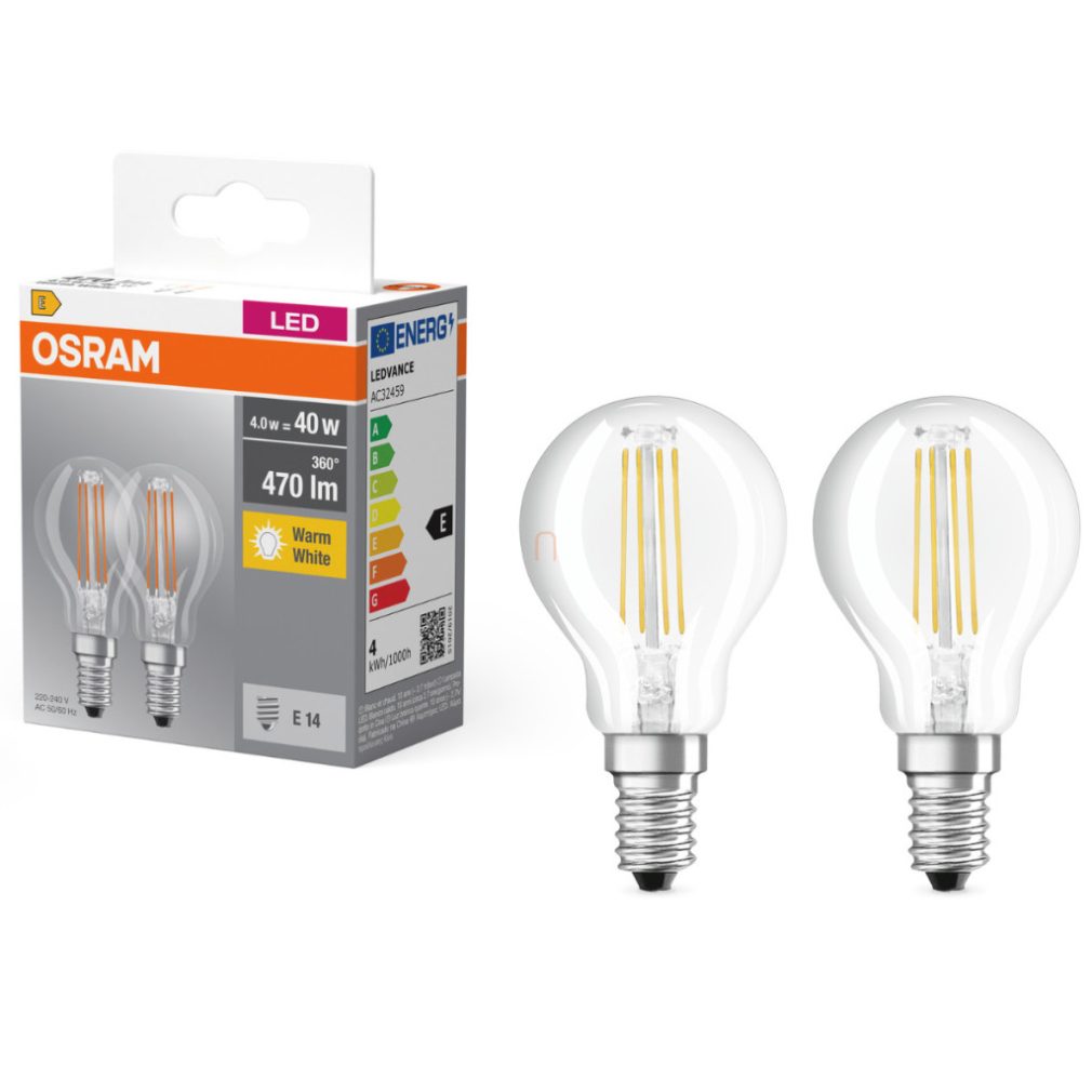 Osram E14 LED globule, 4W, 470 lm, 2700 K, alb cald, sticlă transparentă - înlocuiește becul de 40 W, 2 bucăți - Base Classic P filament