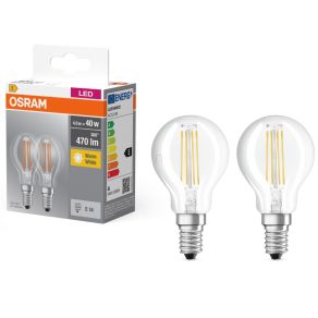   Osram E14 LED glob mic, 4W, 470 lm, 2700 K, alb cald, sticlă translucidă - înlocuiește becul de 40 W, 2 bucăți - Soclu Classic P filament