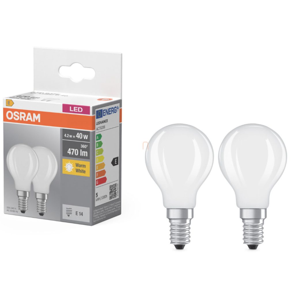 Osram E14 LED globule, 4,2 W, 470 lm, 2700 K, alb cald, sticlă opală - înlocuiește becul de 40 W, 2 bucăți - Base Classic P