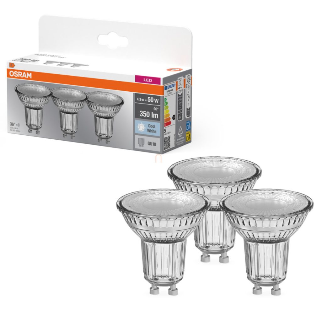 Osram GU10 LED 4,3W, 350 lm, 4000 K, alb rece, sticlă transparentă - înlocuiește becul de 50 W, 3 bucăți - Base Spot PAR16