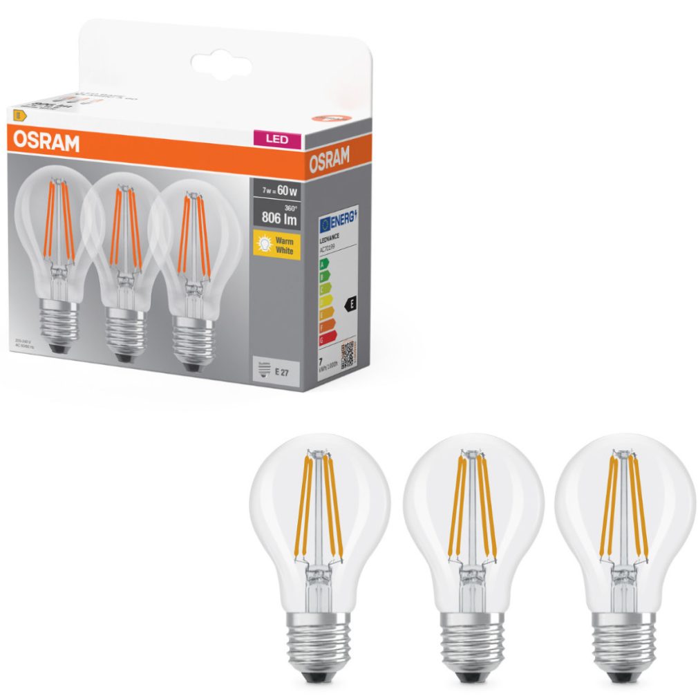 Osram E27 LED 7W, 806 lm, 2700 K, alb cald, sticlă transparentă - înlocuiește becul normal de 60 W, 3 bucăți - Base Classic A 60 filament