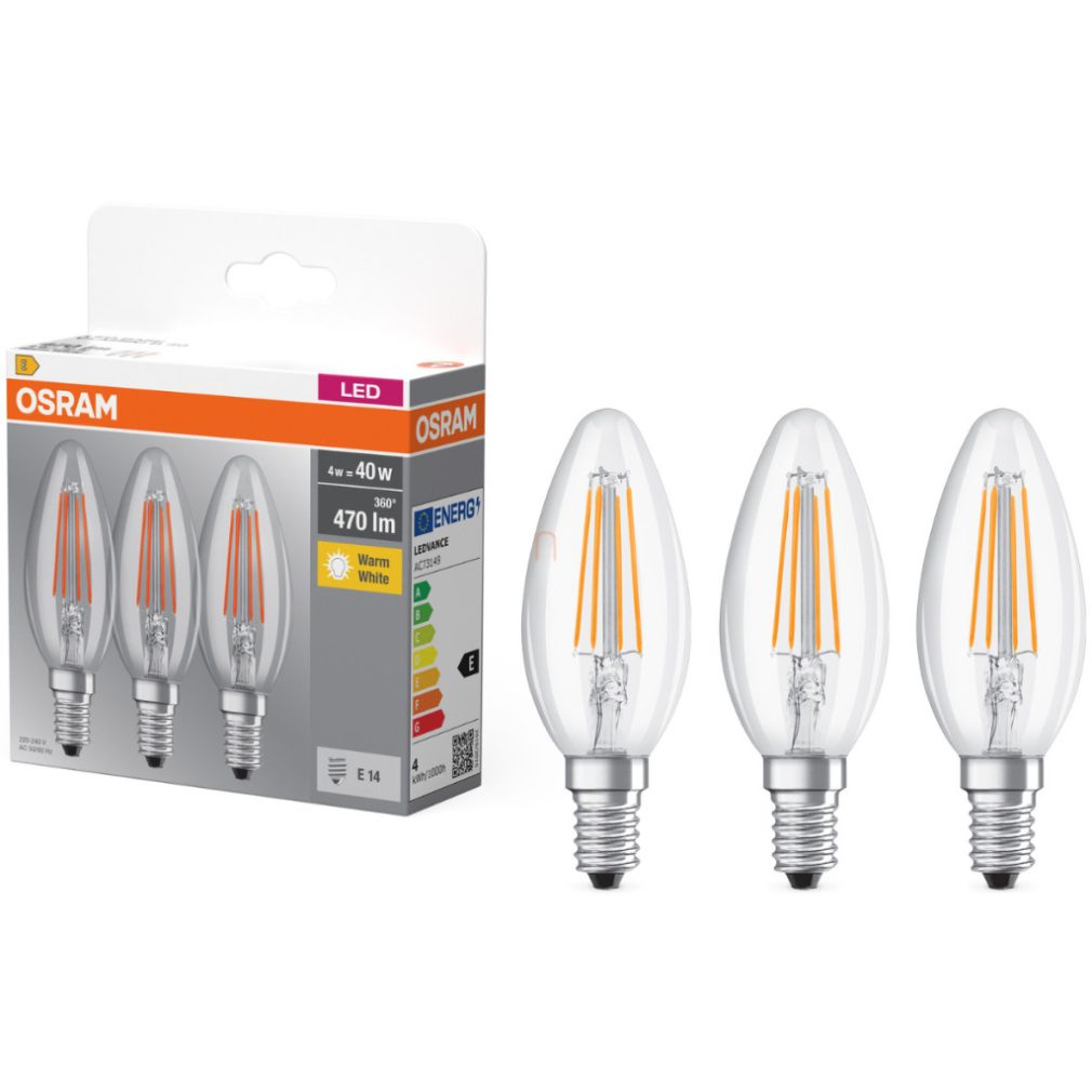 Osram E14 LED bec, 4W, 470 lm, 2700 K, alb cald, sticlă transparentă - înlocuiește becul de 40 W, 3 bucăți - Base Classic B filament