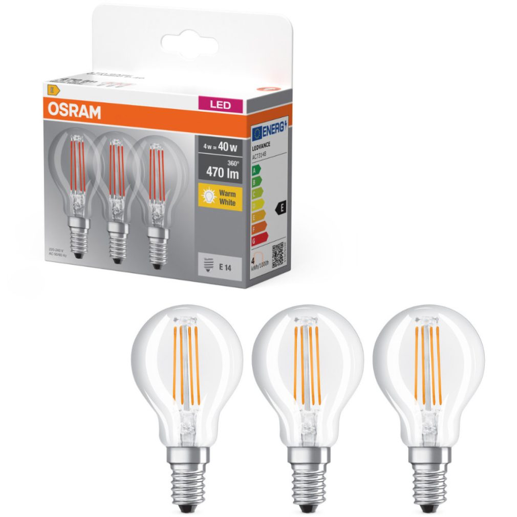 Osram E14 LED globule, 4W, 470 lm, 2700 K, alb cald, sticlă transparentă - înlocuiește becul de 40 W, 3 bucăți - Base Classic P filament