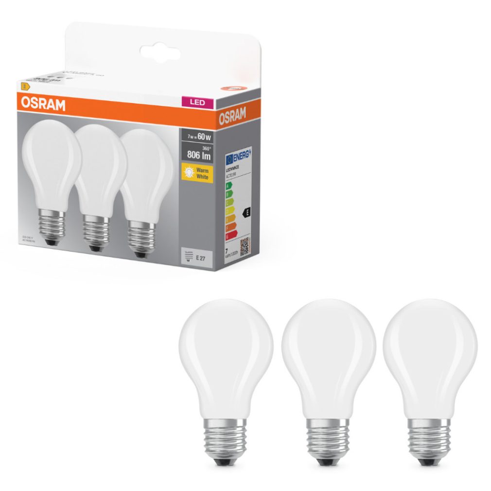 Osram E27 LED 7W, 806 lm, 2700 K, alb cald, sticlă opală - înlocuiește becul normal de 60 W, 3 bucăți - Base Classic A