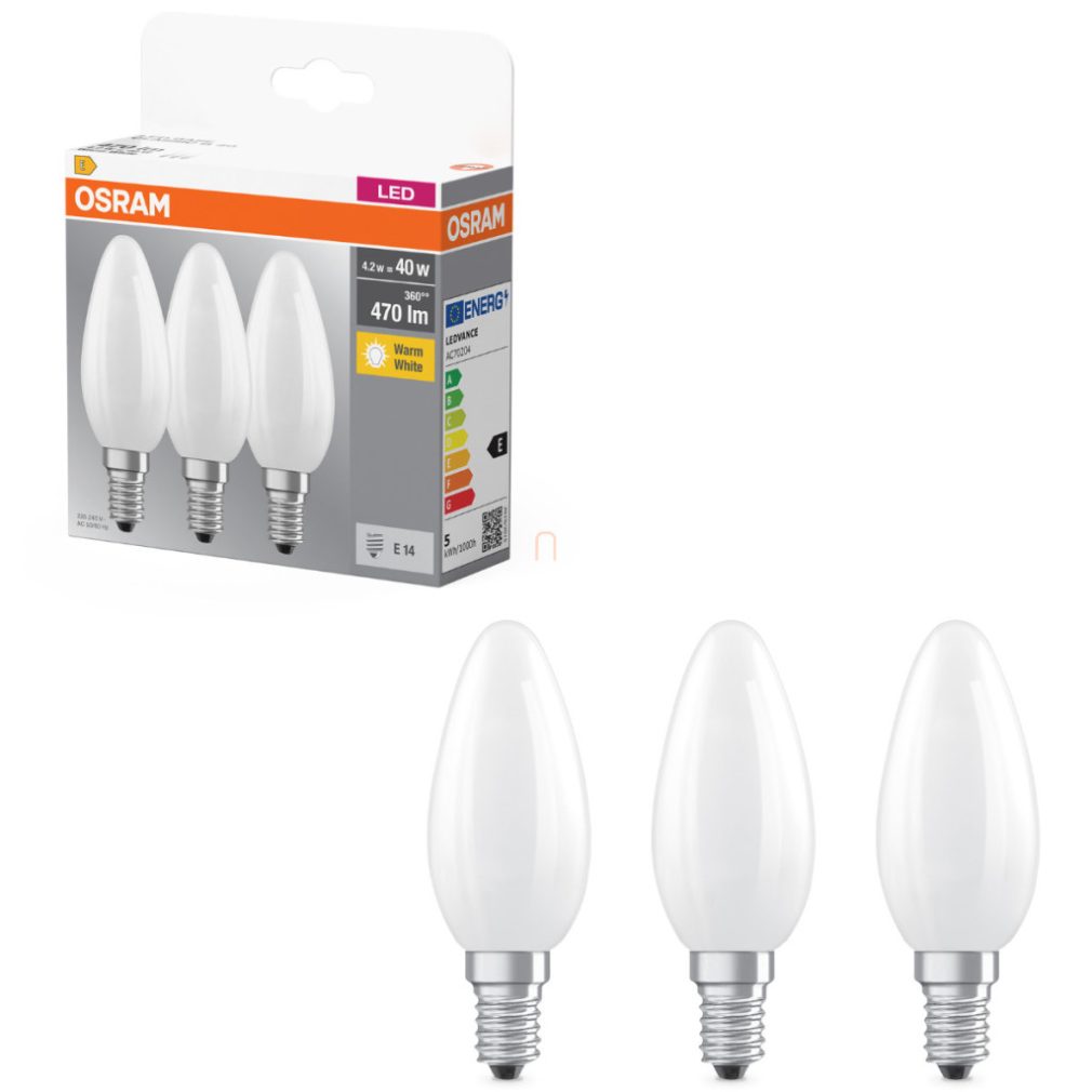 Osram E14 LED bec, 4,2 W, 470 lm, 2700 K, alb cald, sticlă opală - înlocuiește becul de 40 W, 3 bucăți - Base Classic B
