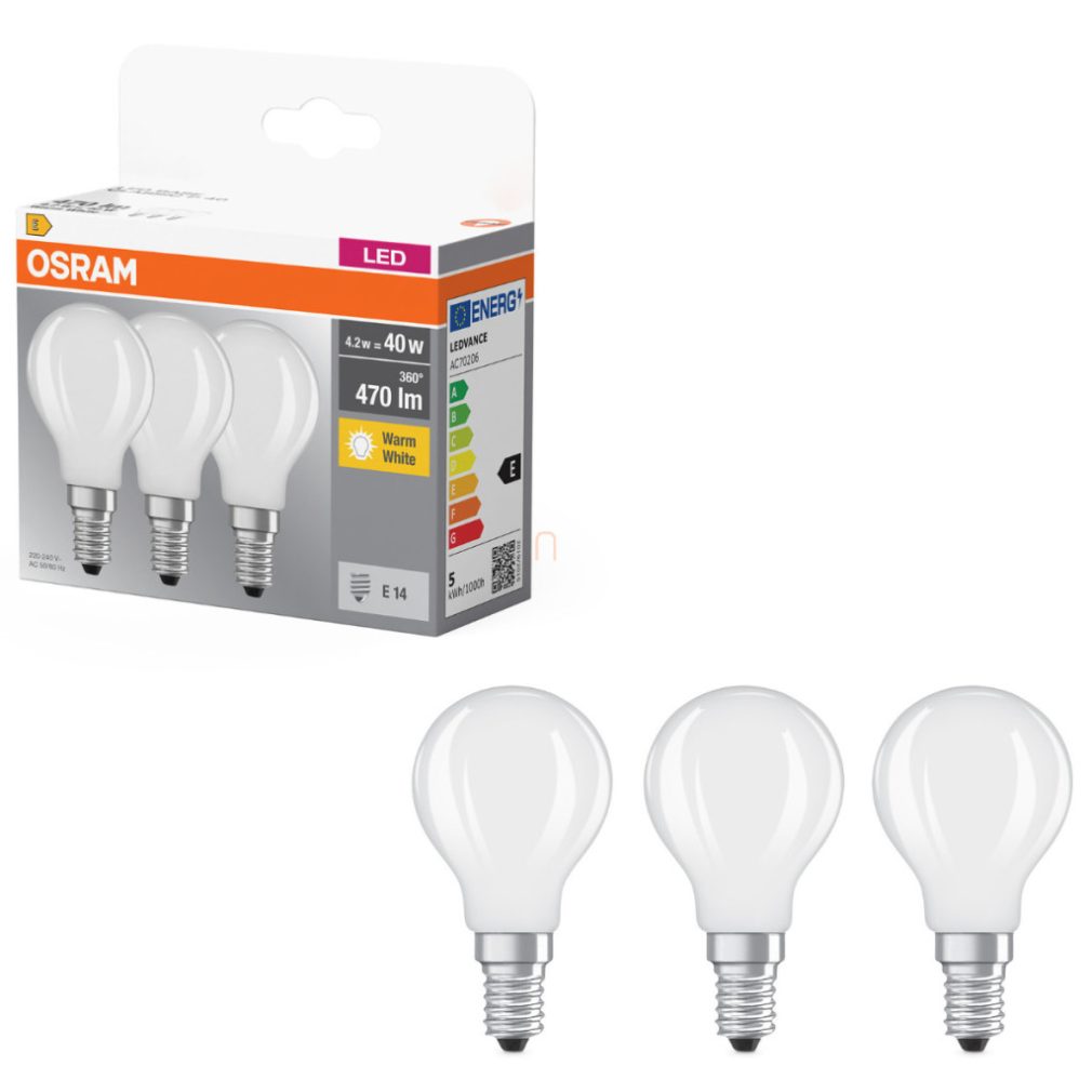 Osram E14 LED globule, 4,2W, 470 lm, 2700 K, alb cald, sticlă opală - înlocuiește becul de 40 W, 3 bucăți - Base Classic P