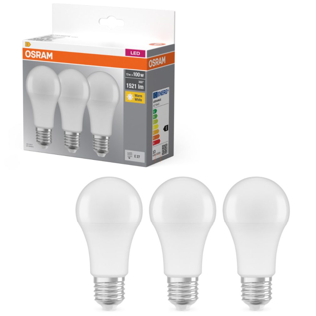 Osram E27 LED 13W, 1521 lm, 2700 K, alb cald, plastic opal - înlocuiește becul normal de 100 W, 3 bucăți - Base Classic A