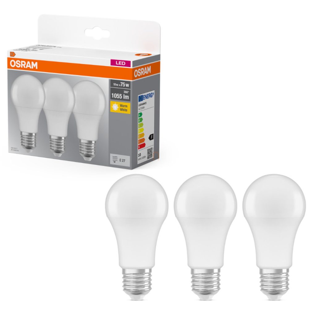 Osram E27 LED 10W, 1055 lm, 2700 K, alb cald, plastic opal - înlocuiește becul normal de 75 W, 3 bucăți - Base Classic A