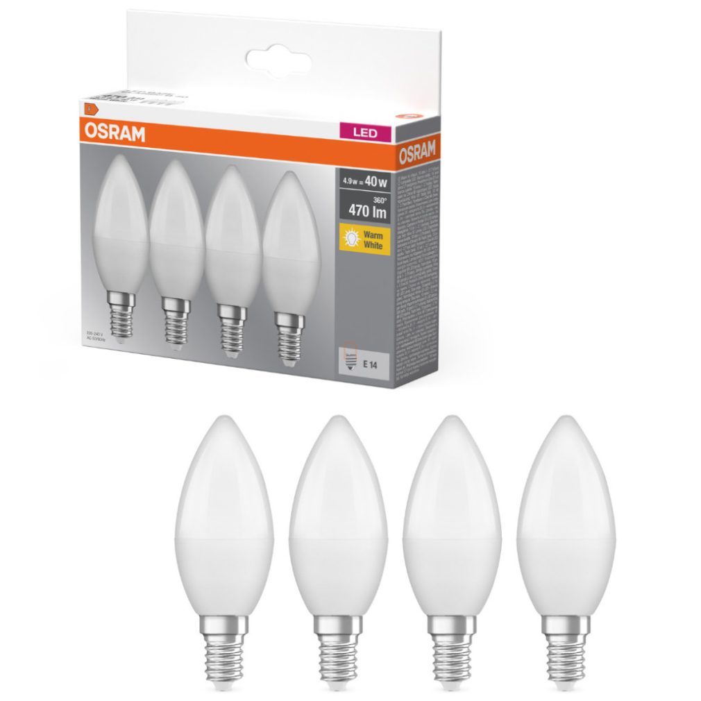Osram E14 LED bec, 4,9 W, 470 lm, 2700 K, alb cald, plastic opal - înlocuiește becul de 40 W, 4 bucăți - Base Classic B