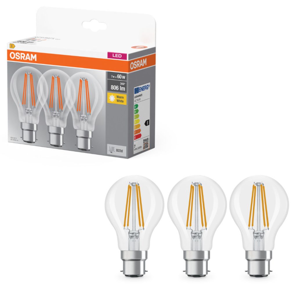 Osram B22d LED 7W, 806 lm, 2700 K, alb cald, sticlă transparentă - înlocuiește becul de 60 W, 3 bucăți - Base Classic A 60 filament