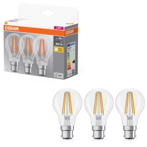   Osram B22d LED 7W, 806 lm, 2700 K, alb cald, sticlă transparentă - înlocuiește becul de 60 W, 3 bucăți - Soclu Classic A 60 filament