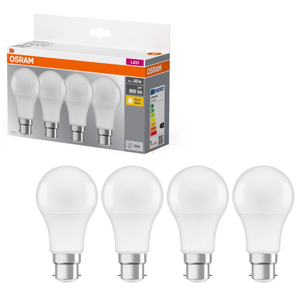 Osram B22d LED 8W, 806 lm, 2700 K, alb cald, plastic opal - înlocuiește becul de 60 W, 4 bucăți - Base Classic A