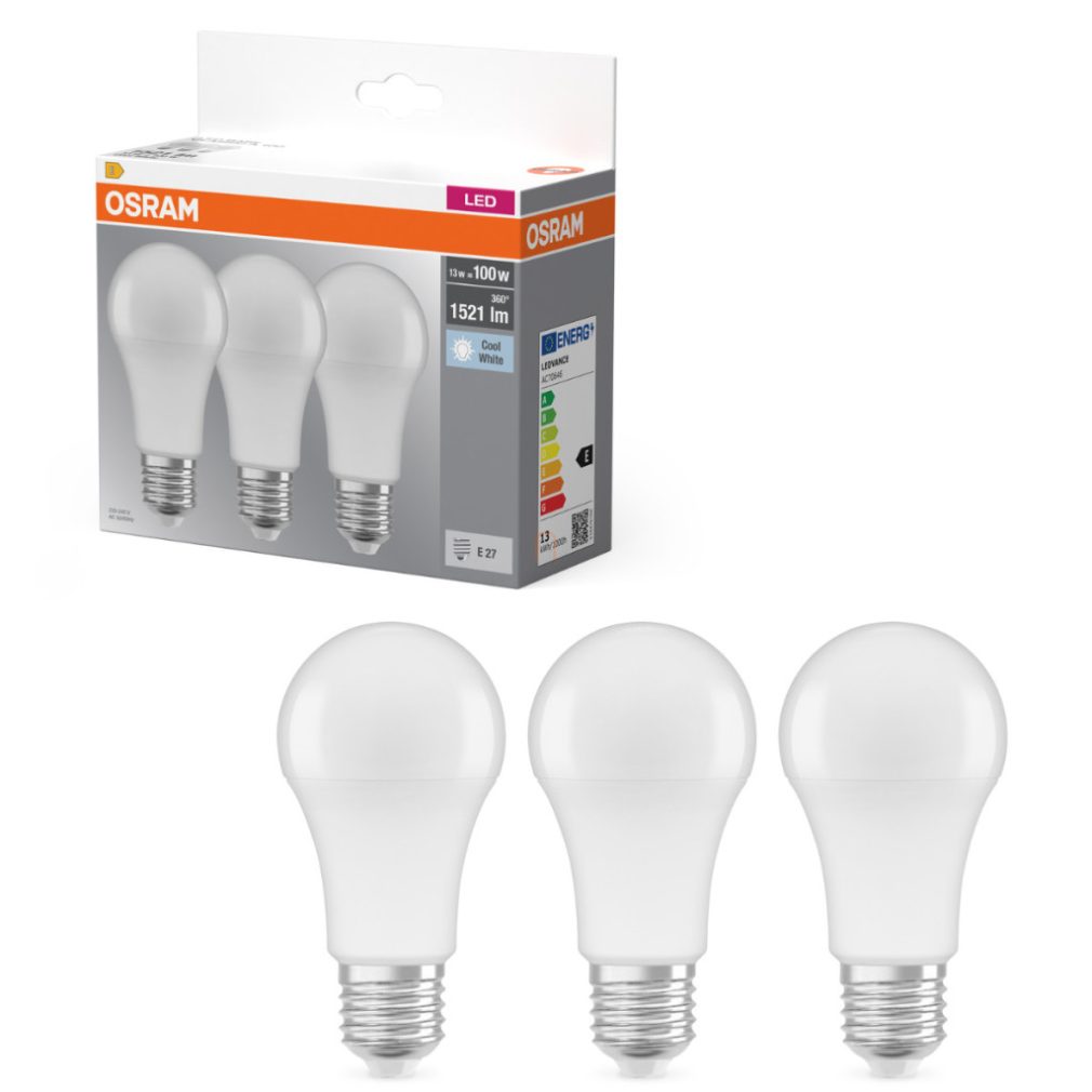 Osram E27 LED 13W, 1521 lm, 4000 K, alb rece, plastic opal - înlocuiește becul normal de 100 W, 3 bucăți - Base Classic A