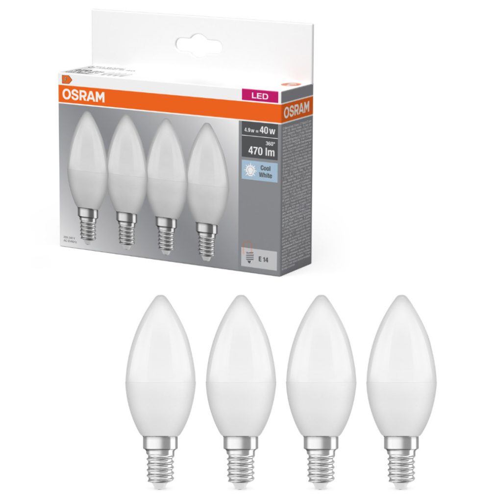 Osram E14 LED bec, 4,9 W, 470 lm, 4000 K, alb rece, plastic opal - înlocuiește becul de 40 W, 4 bucăți - Base Classic B