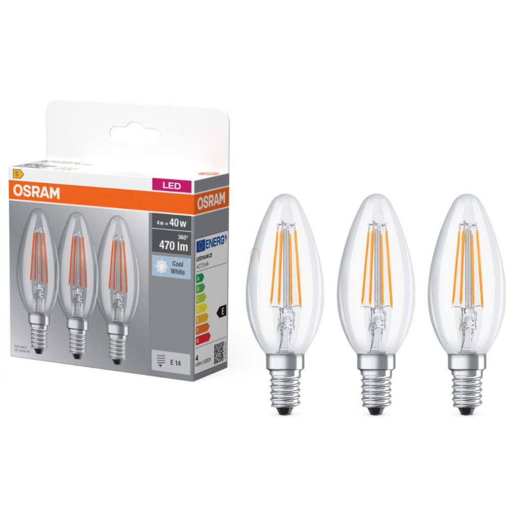 Osram E14 LED bec, 4W, 470 lm, 4000 K, alb rece, sticlă transparentă - înlocuiește becul de 40 W, 3 bucăți - Base Classic B filament