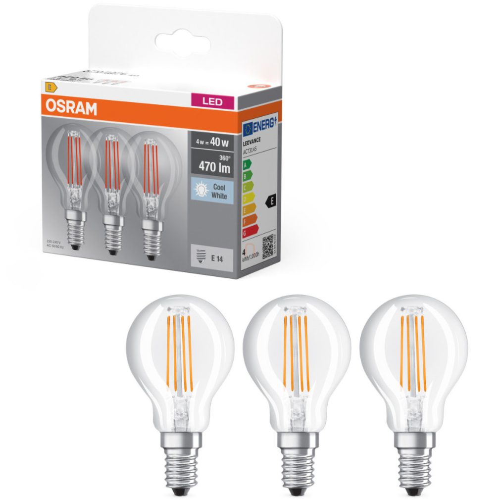 Osram E14 LED globule, 4W, 470 lm, 4000 K, alb rece, sticlă transparentă - înlocuiește becul de 40 W, 3 bucăți - Base Classic P filament