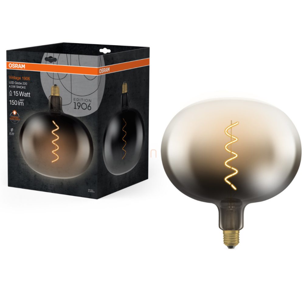 Osram E27 LED 4,5W, 150 lm, 1800 K, lumina de lumânare, sticlă fumurie - înlocuiește becul incandescent de 15 W - Vintage 1906 Classic Globe220 Smoke filament