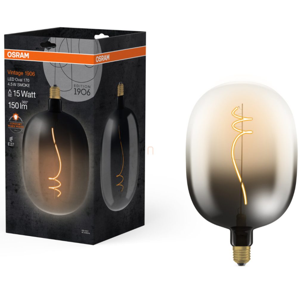 Osram E27 LED 4,5W, 150 lm, 1800 K, lumina lumânării, sticlă fumurie - înlocuiește becul incandescent de 15 W - Vintage 1906 Classic Oval 170 Smoke filament
