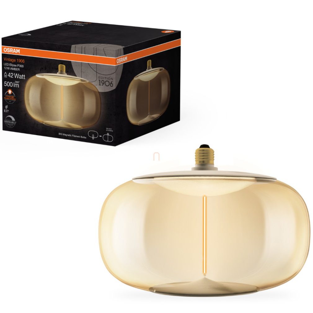 Osram E27 LED 12W, 500 lm, 1800 K, lumina de lumânare, reglabilă, plastic ambré - înlocuiește becul de 40 W - Magnetic Vintage dim Classic Amber filament