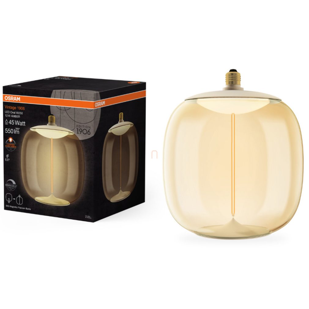 Osram E27 LED 12W, 550 lm, 1800 K, lumina de lumânare, reglabilă, plastic ambré - înlocuiește becul cu incandescență de 40 W - Magnetic Vintage dim Classic Oval Amber filament