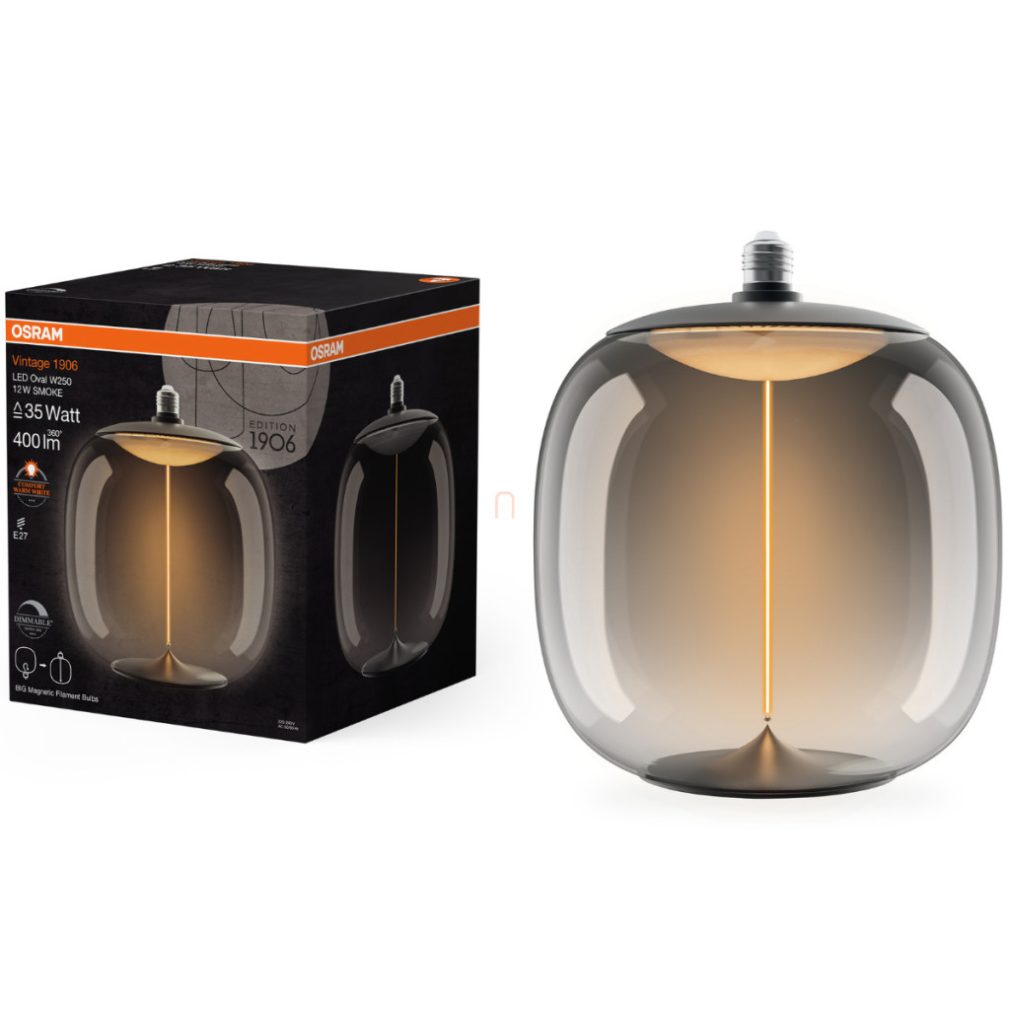Osram E27 LED 12W, 400 lm, 1800 K, lumina de lumânare, reglabilă, plastic fumuriu - înlocuiește becul de 35 W - Magnetic Vintage dim Classic Oval W250 Smoke filament