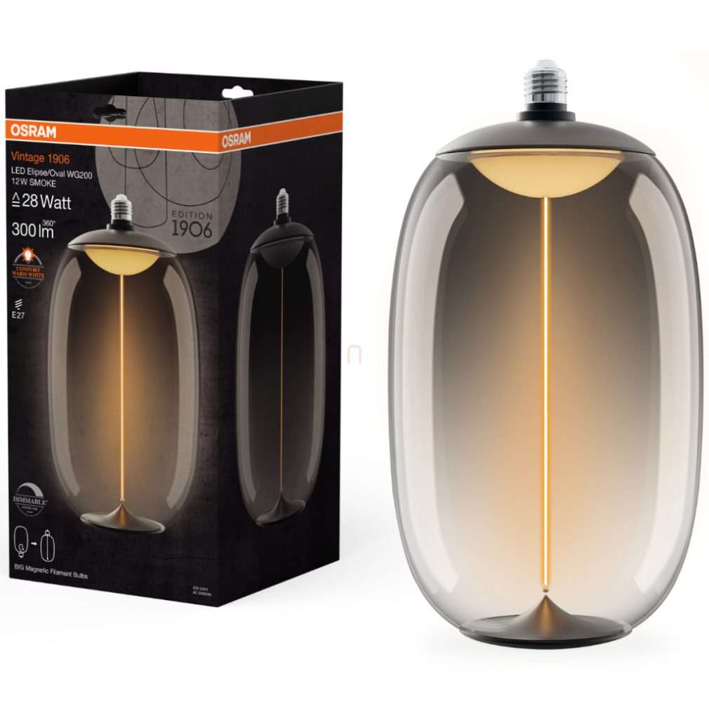 Osram E27 LED 12W, 300 lm, 1800 K, lumina de lumânare, reglabilă, plastic fumuriu - înlocuiește becul de 25 W - Magnetic Vintage dim Classic Elipse/Oval WG200 Smoke filament
