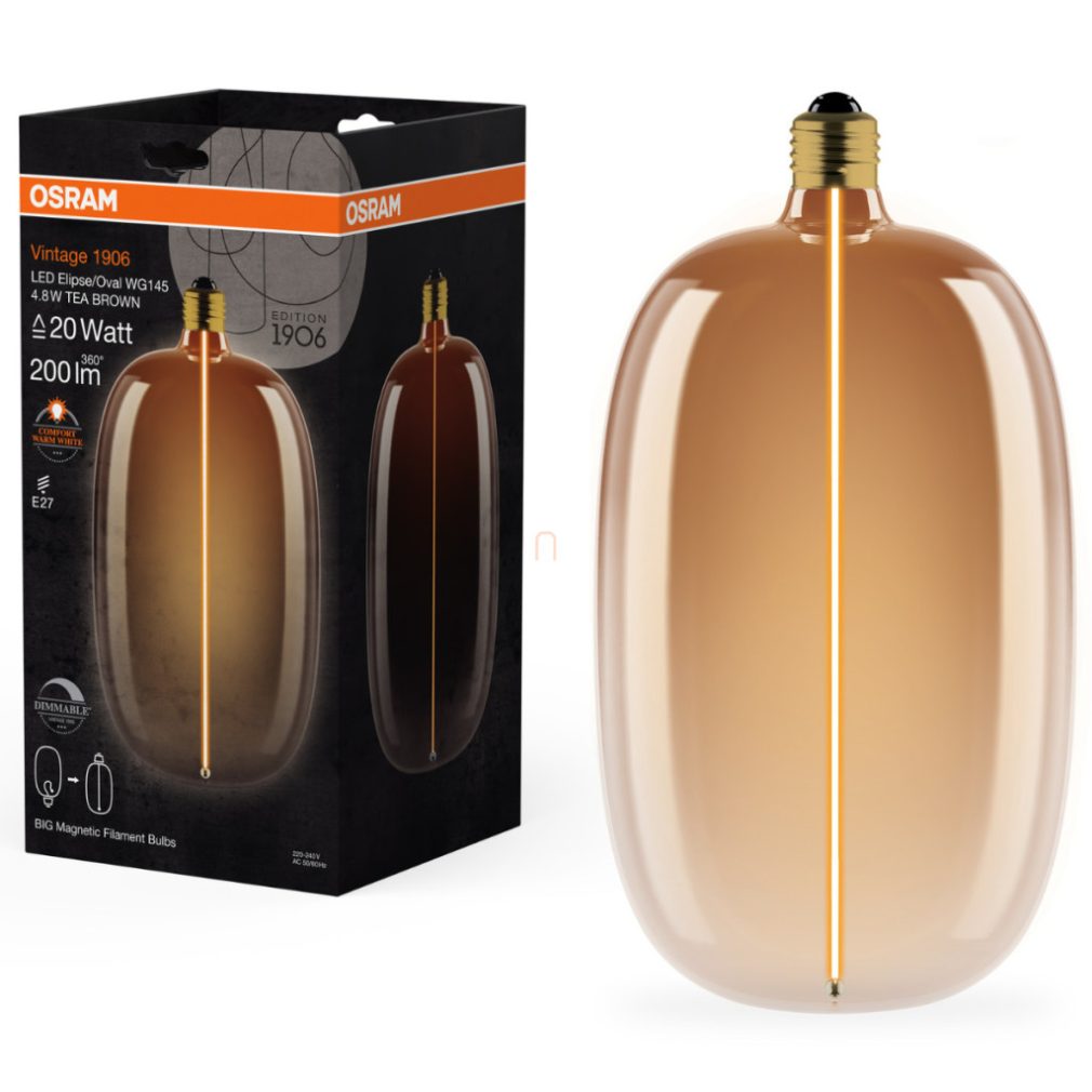 Osram E27 LED filament magnetic, 4,8W, 200 lm, 1800 K, lumina de lumânare, reglabilă, sticlă maro - înlocuiește becul de 20 W - Magnetic Vintage dim Classic Elipse/Oval WG145 Tea Brow