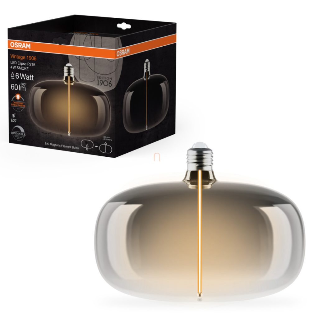 Osram E27 LED 4W, 60 lm, 1800 K, lumina de lumânare, reglabilă, sticlă fumurie - înlocuiește becul de 5 W - Magnetic Vintage dim Classic Elispe P215 Smoke 6 DIM filament