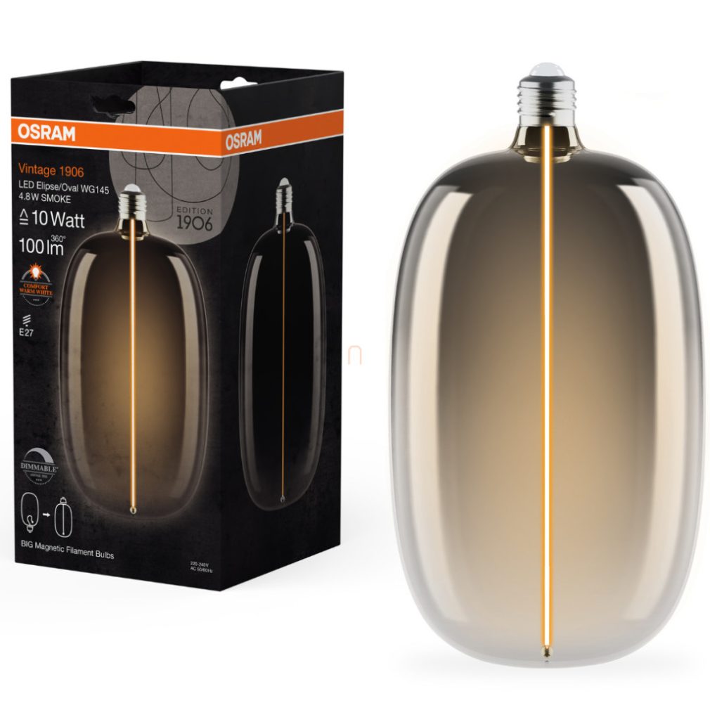 Osram E27 LED 4,8W, 100 lm, 1800 K, lumina de lumânare, reglabilă, sticlă fumurie - înlocuiește becul de 10 W - Magnetic Vintage dim Classic Elipse/Oval WG145 Smoke filament