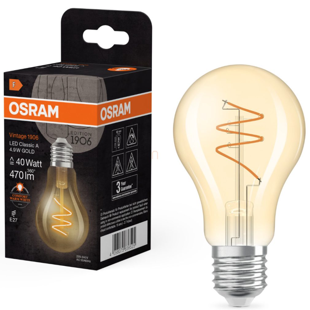 Osram E27 LED Vintage, 4,9W, 470 lm, 2200 K, lumina de lumânare, sticlă aurie - înlocuiește becul de 40 W - Vintage 1906 Classic A60 Gold