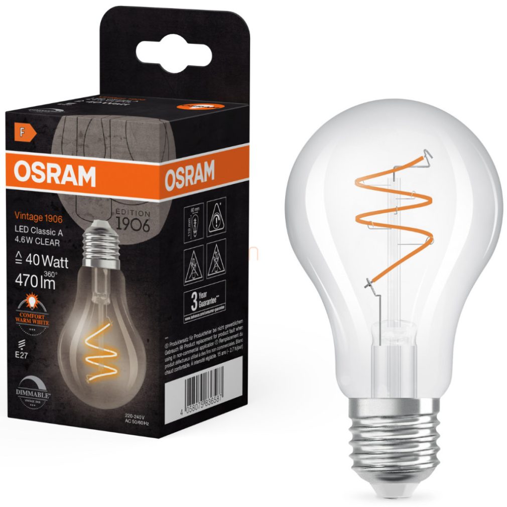 Osram E27 LED Vintage, 4,6W, 470 lm, 2200 K, lumina de lumânare, reglabilă, sticlă transparentă - înlocuiește becul de 40 W - Vintage 1906 Classic A60