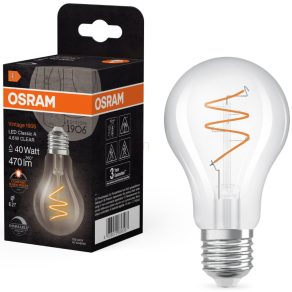   Osram E27 LED Vintage, 4,6 W, 470 lm, 2200 K, lumină de lumânare, intensitate reglabilă, sticlă transparentă - înlocuiește becul de 40 W - Vintage 1906 Classic A60