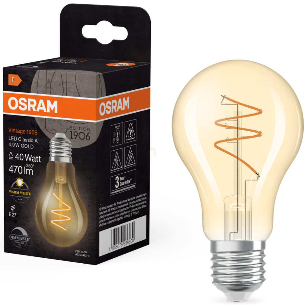 Osram E27 LED Vintage, 4,9 W, 470 lm, 2700 K, alb cald, dimabil, sticlă aurie - înlocuiește becul de 40 W - Vintage 1906 Classic A60 Gold
