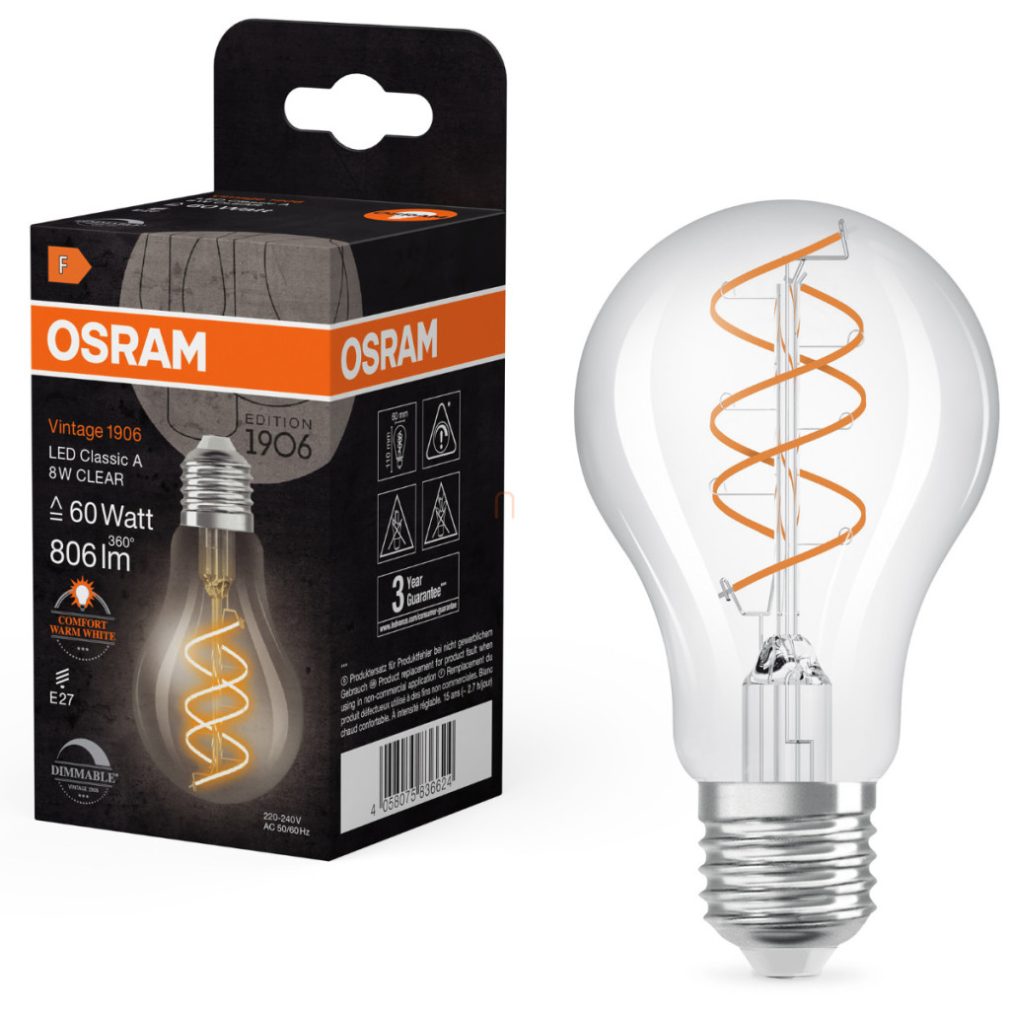 Osram E27 LED Vintage, 8W, 806 lm, 2200 K, lumina lumânării, reglabilă, sticlă transparentă - înlocuiește becul de 60 W - Vintage 1906 Classic A60